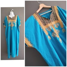 Vintage 70s 80s Blue gold Moroccan embroidered Maxi kaftan tunic dress 14 16 XL