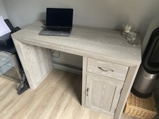Desk by Oakland Furniture. Solid oak stained in a pale grey. Comes with chair