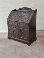 Antique Carved Oak Geometric Green Man Writing Bureau On Chest