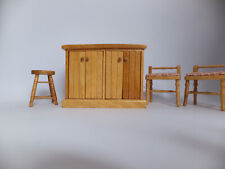 1/12 Scale Dolls House Kitchen Island-2 Upholstered Stools-1 Round Stool-Wood