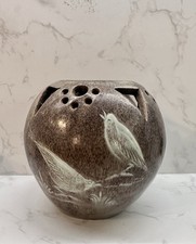 Artist Signed Studio Pottery Bird Ceramic Vase - Grey & Duckegg.  Retro Style