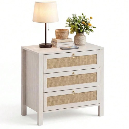 White boho rattan bedside - white,