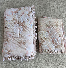 Vintage Retro Double Nylon Pink Floral Quilted Eiderdown & Bedspread  with Frill