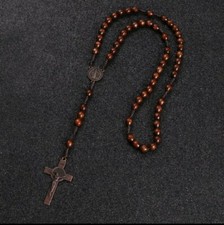 Wooden rosary bead necklace cross bronze crucifix fathers day mens boy gift S15