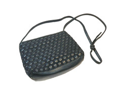 VINTAGE SHARIF Made in the USA - Navy Blue Woven Leather/Fabric Small HANDBAG