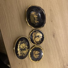 3 X Limoges France Cobalt Blue Porcelain Trinket Dishes Gold Trim Collectibles