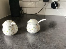 Two Preserve Pots With Spoons. For Mustard Etc. 