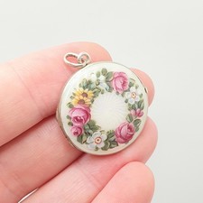 Antique Guilloche Enamel Solid Silver Locket Edwardian Rose Flower Pendant Round