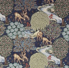 Parkland Deer Tapestry Fabric Blue Green Cotton Curtain Blind Upholstery