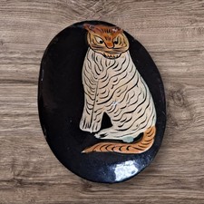 Cat Paper Mache Lidded Trinket Box Flotal Sides. Lacquered 5.2cm X 6cmx 4.5 Cm