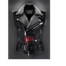Handmade Men's Black Punk Silver Long Spiked Studded Sleeveless Leather Jacket