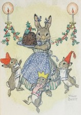 Vintage Nostalgic Christmas Card ~ Rabbit Family Christmas Pudding ~ Molly Brett
