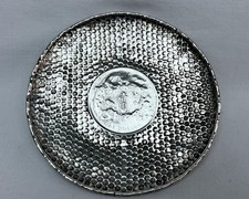Chinese Antique Silver Coin Dish With Bamboo Effect Edge & Planish Dot Finish.