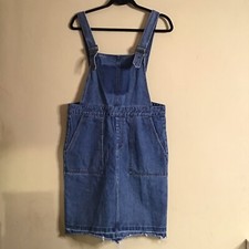 TU Sainsbury’s Uk 12 Denim Style Pinafore Dungaree Dress Raw Hem Pocket Front