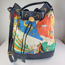 Gucci Vintage Bucket Bag Printed Canvas Black Leather Shoulder Bag 80s 90s Italy