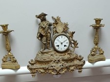 Antique French Brass Gilt Spelter Decorative Figural Mantle Clock & Candle Set