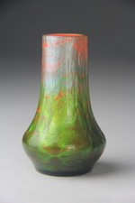 Rare Antique Loetz Titania Genre 4212 Orange Opal Green Silver Vase 4.25"