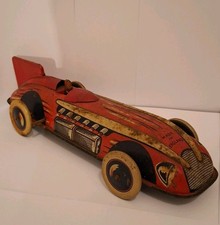 Red Vintage Tin Plate Toy Car Wind-up Made in England Litho Indy & Driver - Rare