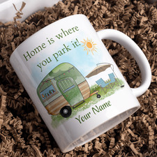 Personalised caravan mug any name added cute vintage caravan design with flowers