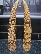 Oriental Carved Buffalo Horns Pair ,Carved animals faux tusk horn , Great Detail