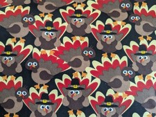 1Yd+7"/44" 100%Supima Cotton JOANN Fab BLACK w/JUV Turkeys some as Pilgrims  NEW