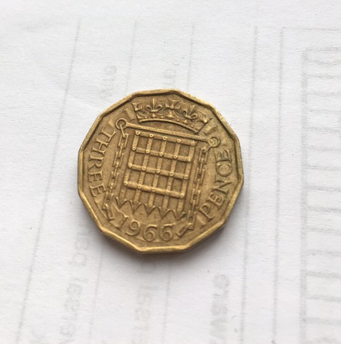 1966 three pence coin brass - three,