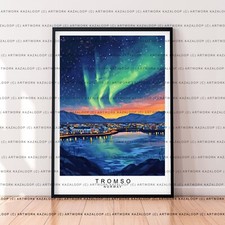 Tromso Norway Unframed Poster Northern Lights Art Print Night Illustration View