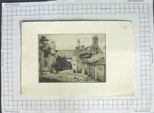 Original Old Antique Print Farm House Scene Ladies Trees