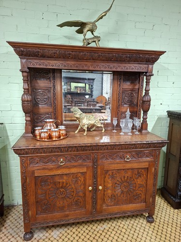 Carved oak mirror - mirror, backed