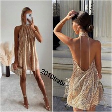 ZARA GOLDEN SEQUINNED HALTERNECK DRESS WITH FRINGING SIZE S UK 8/10