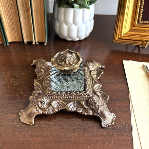 Antiqued brass owl inkwell - brass,