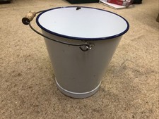 Vintage White Blue Trim Traditional Enamel Metal Bucket Pail - Wooden Handle