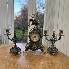 Rococo Style Brass Mantel Clock In Verdigris Colour & Pair Matching Candelabras