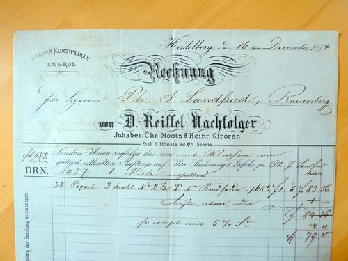 Heidelberg 1874 invoice - heidelberg, 1874,