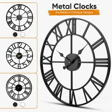 Home Garden Large Wall Clock Metal Skeleton Roman Numeral Round Open Face Clock