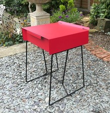 Striking Red Metal Side Table / Bedside Table + Drawer on Black Legs. Brand New