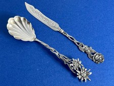 ANTIQUE SWISS SILVER EDELWEISS JAM SPOON & ROSE BUTTER KNIFE C.1920'S