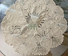 VINTAGE BEIGE COTTON HAND WORKED CROCHET LARGE LACE DOILY/TABLE MAT ~17"