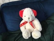 Harrods Christmas Teddy Bear White With Red Ribbon plush soft toy 9 inch tall