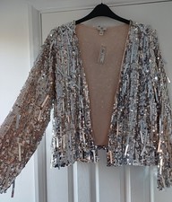 BNWT STUNNING  RIVER ISLAND SILVER SEQUIN  TASSLE DESIGN EVENING JACKET NEW £95
