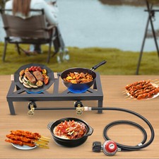 Portable 2 Burners For Outdoor BBQ Camping Gas Stove Hiking Propane Cooker +Hose