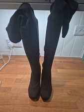 Ladies River Island Black Faux Suede Over Knee Block Heel Stretch Boots UK 5 FAB