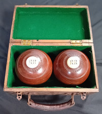 Antique Boxed Pair of Hard Wood Lawn Bowls Thomas Taylor Glasgow RD 3 Bias