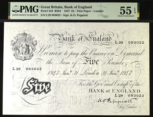 White five pound - £5, note
