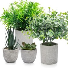 Set of 4 Artificial Potted Plants – Mini Faux Succulents, Eucalyptus, Indoor