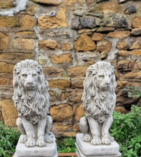 Large Pair Stone Lion garden ornament statue patio decor sculpture pillar cap se