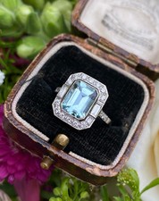 Art Deco Aquamarine and Diamond Platinum Ring 0.50ct + 2.20ct