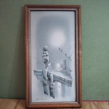 Andres Orpinas Print boy with fishing rod on a pier 13in by 7in vintage 