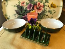 French Porcelain Apilco & Trauffler Green Gold Trim Toast Rack & Dessert bowls.
