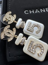 Gold White Pearl Diamanté Dangle Drop Chanel CC Earrings 
